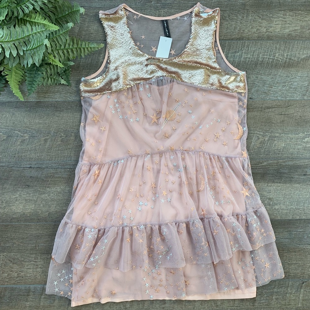 Sleeveless Gold & Blush Star-Embroidered Mini Dress